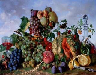 Elokuun hedelmien asetelma, persikat, meloni, viinirypäleet, damaskosluumut, päärynät (elokuun hedelmät, persikat, meloni, päärynät, viinirypäleet ja damsonit) Giorgio Rovean (n. 1815-1892) maalaus 1862 Koko 53x67 cm Geenit , Galleria d