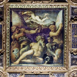Cortonan ja Montepulcianon alueiden allegoria Salone dei Cinquecenton katosta, 1565 (paneeli)