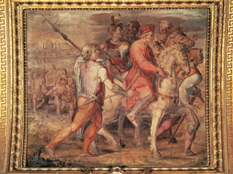 Cosimo I lähdössä maanpakoon, fresko Giorgio Vasari (1511-1574). Salone dei Cinquecento (Viiden sadan sali), Palazzo Vecchio, Firenze. Italia