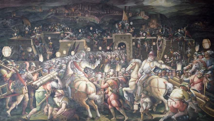 Italia, Firenze, Palazzo Vecchio (Vanha palatsi), Salone dei Cinquecento, Linnoituksen valtaus lähellä Port Camolliaa Sienassa