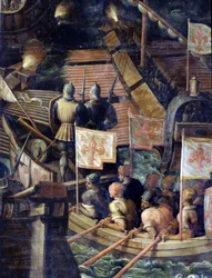 Firenzen ja Pisan välinen meritaistelu. Yksityiskohta. Cinquecento-olohuoneen katto. Giorgio Vasarin (1511-1574) manieristinen maalaus vuodelta 1565. Palazzo Vecchio (Palazzo della Signoria) Firenze 1097.1