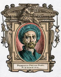 Muotokuva Domenico PULIGOsta [1492-1527] italialainen taidemaalari. Kaiverrus herkkusta "" Erinomaisimpien maalareiden, kuvanveistäjien ja arkkitehtien elämää" (Le Vite de