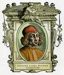 Muotokuva Filippo Lipistä (1406-1469) firenzeläisestä taidemaalarista. Ksylografia Giorgio Vasarin teoksesta "Taiteilijoiden elämä".