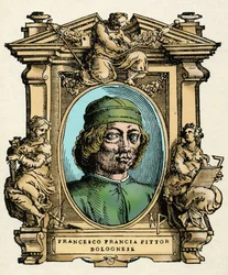 Italian taidemaalarin Francesco FRANCIA (1450-1517) muotokuva. Giorgio Vasarin kaiverrus tutkielmasta "" Erinomaisimpien maalareiden, kuvanveistäjien ja arkkitehtien elämä""