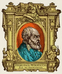 Muotokuva Francesco Primaticciosta, joka tunnetaan nimellä Primatice (1504-1570), taidemaalari, kuvanveistäjä ja arkkitehti. Hän oli Ecole de Fontainebleaun jäsen. Kaiverrus herkkusta "" Erinomaisimpien maalareiden, kuvanveistäjien ja arkkitehtien elämää" 