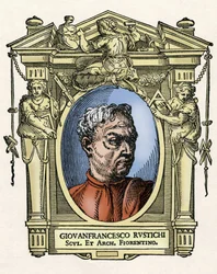 Muotokuva Giovan Francesco RUSTICI (1474 - 1554), italialainen kuvanveistäjä ja arkkitehti. Giorgio Vasarin kaiverrus herkkupalasta "" Erinomaisimpien maalareiden, kuvanveistäjien ja arkkitehtien elämää" (Le Vite de