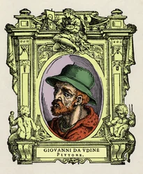 Muotokuva Giovanni da Udinen (Giovanni Nanni) (1487-1564). Italialainen taidemaalari ja arkkitehti. Kaiverrus herkkusta "" Erinomaisimpien maalareiden, kuvanveistäjien ja arkkitehtien elämät" (Erittävimpien maalareiden, kuvanveistäjien ja arkkitehtien eläm
