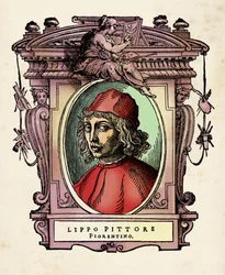 Lippo di Benivienin muotokuva (1200-1400-luku) Kaiverrus Giorgio Vasarin (1511-1574) "Elämästä" 1568