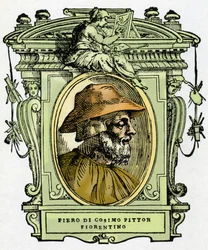 Piero di Cosimon (n. 1462-1521?), firenzeläisen taidemaalarin muotokuva. Kaiverrus herkkusta "" Erinomaisimpien maalareiden, kuvanveistäjien ja arkkitehtien elämät" (Erittävimpien maalareiden, kuvanveistäjien ja arkkitehtien elämät) Giorgio Vasari