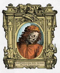 Muotokuva RAFFAELLINO DEL GARBOsta (Raffaellino de Carli) (1466-1525), italialainen taidemaalari. Giorgio Vasarin kaiverrus herkkupalasta "" Erinomaisimpien maalareiden, kuvanveistäjien ja arkkitehtien elämä""