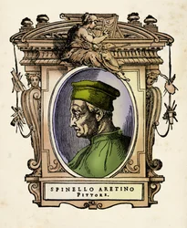 Spinello Aretinon (ne Spinello di Luca Spinelli) (1350-1410) muotokuva Kaiverrus Giorgio Vasarin (1511-1574) teoksesta "" Lives "" 1568