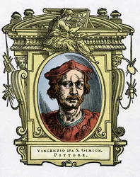 Muotokuva Vincenzo TAMAGNIsta (Vincenzo da San Gimignano) (1492-1530), italialainen taidemaalari. Giorgio Vasarin kaiverrus herkkupalasta "" Erinomaisimpien maalareiden, kuvanveistäjien ja arkkitehtien elämät ""