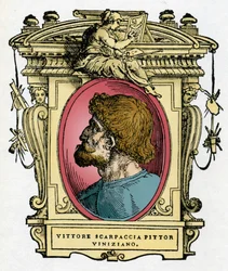 Muotokuva Vittore Carpaccion (1460-1526) venetsialaisesta taidemaalarista. Kaiverrus herkkusta "" Erinomaisimpien maalareiden, kuvanveistäjien ja arkkitehtien elämät" (Erittävimpien maalareiden, kuvanveistäjien ja arkkitehtien elämät) Giorgio Vasari