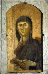 Madonna. Neitsyt Marian muotokuva kultaisella taustalla. Giotto di Bondonen (1267 -1337) maalaus, noin 1290. Tempera puulle. Koko: 81,5 x 41 cm. Borgo San Lorenzo, Pieve.
1610