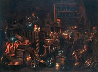 Alkemistin laboratorio, maalaus Gian Domenico Valentino (1630-1708), Italia