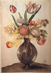 Kukkamaljakko (tempera pergamentille)