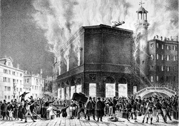 Venetsian La Fenicen teatterin tulipalo vuonna 1836. Giovanni Pividorin kaiverrus. Milano, konservatorio G. Verdi.