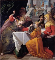 Salome Johannes Kastajan pään kanssa hopealevyllä Giovanni Andrea Ansaldon (1584-1638) maalaus 1630 suunnilleen Genes, Musei di Strada Nuova (ex Palazzo Bianco)