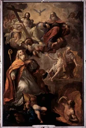 Pyhän Nikolauksen ja pyhän kolminaisuuden esitys Jumala, Jeesus Kristus ja Pyhän Hengen kyyhkynen (Pyhä Nikolai Barilainen ja pyhä kolminaisuus) Andrea Carlonen (1639-1697) maalaus Santa Margheritan kirkko, Santa Margherita Ligure Italia