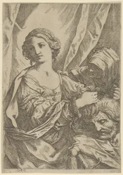 Judith tarttui Holofernesin päähän hiuksista ja katsoi vasemmalle, vanha hä..., 1600-1640.