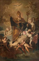 Eteläinen poikkiristeys, San Benedetton alttari, Pyhä Benedictus Gloriassa kaupunkia siunatessaan, Giovanni Angelo Borronin alttaritaulu, San Benedetto Gloriassa kaupunkia siunattaessa 1744