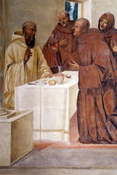 Benedictus rikkoo lasin myrkytettyä viiniä tekemällä ristin merkin Giovan Antonio Bazzi di Sodoman (1477-1549) luoma freskon, joka kertoo Benediktiiniritarikunnan perustajan Pyhän Benedictus Nursian (480 - 567) elämästä 1505-15