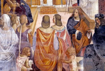 Benedictus erotti kaksi nunnaa ja vapauttaa heidät heidän kuolemansa jälkeen Antonio Bazzi dit il Sodoman (1477 - 1549) luostarin yksityiskohta fresko, joka kertoo Pyhän Benedictin Nursielaisen (480 - 567) elämästä. Benediktiiniritarikunnan perustaja 1503 