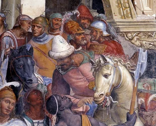 Kuinka Benedictus tapaa kaksi nuorta roomalaista, Mauruksen ja Placiduksen (pyhä Benedictus tapaa nuoret noviisit Mauruksen ja Placiduksen). Yksityiskohta Antonio Bazzin, lisänimeltään Il Sodoma (1477-1549), tekemästä luostarikäytävän freskosta, joka