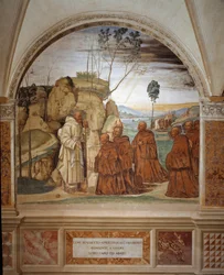Kuinka Benedictus vastaa erakkojen rukoukseen ja suostuu heidän johtajakseen. Antonio Bazzin, lisänimeltään il Sodoma (1477-1549), toteuttama luostarikäytävän fresko, joka kertoo benediktiiniläisveljeskunnan perustajan, pyhän Benedictus Nursialaisen