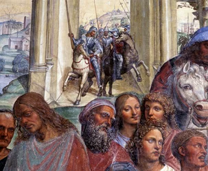 Kuinka Benedictus kohtaa nuoret roomalaiset Mauruksen ja Placiduksen. Yksityiskohta Roomasta lähtevien nuorten miesten saattueesta - Antonio Bazzin, lisänimeltään il Sodoma (1477-1549), luostarikäytävään tekemä fresko, joka kertoo pyhimyksen elämästä