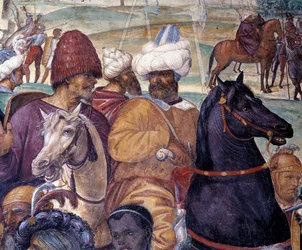 Kuinka Benedictus ennustaa Monte Cassinon tuhoa (Pyhä Benedictus ennustaa Monte Cassinon tuhoa) Yksityiskohta - Antonio Bazzi dit il Sodoma (1477 - 1549) luostarin fresko, joka kertoo Pyhän Benedictus Nursielaisen (480 - 567) elämästä fou