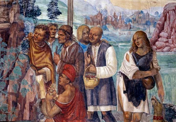 Kuinka Benedictus opettaa pyhää oppia hänen luonaan vieraileville talonpojille Antonio Bazzi dit il Sodoman (1477 - 1549) toteuttama luostarin yksityiskohta fresko, joka kertoo Benedict of Nursian (480 - 567) Benedictiiniritarikunnan perustajan 1503 elämäs