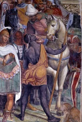 Kuinka Benedictus kohtaa kaksi nuorta roomalaista, Mauruksen ja Placiduksen (pyhä Benedictus kohtaa nuoret roomalaiset Mauruksen ja Placiduksen). Yksityiskohta nuorten miesten saattueesta. Antonio Bazzin eli il Sodoman (1477-1549) luostarikäytävän fresko
