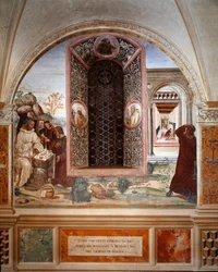 Kuinka pappi toi ruokaa Benedictille pääsiäisenä - Antonio Bazzi dit il Sodoman (1477 - 1549) luostarin fresko kertoo Benediktiinikunnan perustajan 1503 - 1508 luostarissa pyhän Benedictus Nursian (480 - 567) elämästä Monte Oliveto Ma