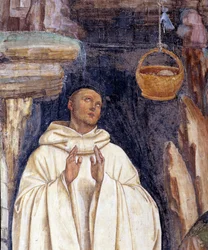 Kuinka demoni rikkoi Benoitin korin kellon (Paholainen rikkoi pyhän Benedict of Nursian korin kellon) - Yksityiskohta - Antonio Bazzin dit il Sodoman (1477-1549) tekemä seinäfresko, joka kertoo Pyhän Benedictus Nursian (480 -) elämästä 567) O:n perustaja