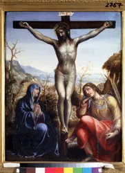 La crucifixion avec la Vierge et Jean Baptiste (Ristiinnaulitseminen Neitsyt ja Johannes Kastajan kanssa). Ristissä teksti "I.N.R.I." (INRI). Sodoman (tai Giovanni Antonio Bazzin) maalaus