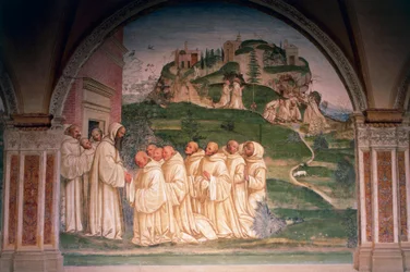 Munkkien rukoilema pyhä Benedictus, joka tuottaa vettä vuoren huipulta, kohtaus Tarinat Saint Benedict of Monte Oliveto Maggioresta