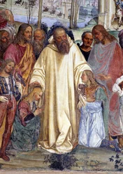 Pyhä Benedictus ottaa vastaan kaksi nuorta roomalaista, Mauruksen ja Placiduksen (pyhä Benedictus tapaa kaksi nuorta noviisia, Mauruksen ja Placiduksen). Yksityiskohta Antonio Bazzin, lisänimeltään Il Sodoma (1477-1549), tekemästä luostarikäytävän