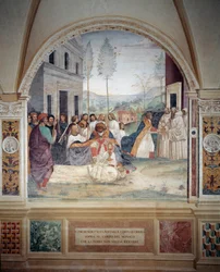 Pyhä Benedictus kantaa Kristuksen ruumista munkin ruumiin päällä, jota maa kieltäytyy hautaamasta Antonio Bazzi dit il Sodoman (1477 - 1549) luomasta freskosta, joka kertoo Pyhän Benedict of Nursielaisen (480 - 567) perustajan elämästä. Benedin ritarikunta