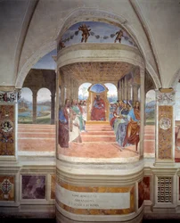 Pyhä Benedict jättää Rooman koulun luostarin freskon, jonka on valmistanut Antonio Bazzi dit il Sodoma (1477 - 1549) ja kertoo Benedict of Nursie -ritarikunnan perustajan 1503 - 1508 Oliveto Maggi of Montere -luostari Saint Benedict of Nursie (480 - 567) e