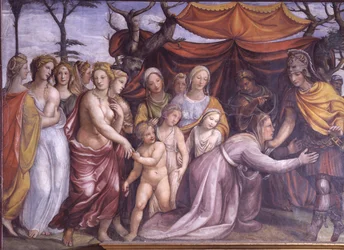 Sala delle Nozze di Alessandro e Rossana Aleksanteri Suuren avioliiton sali 356-323 eKr. ja Roxanne yksityiskohta Aleksanteri Darius III:n perheen kanssa, noin 1513 fresko.