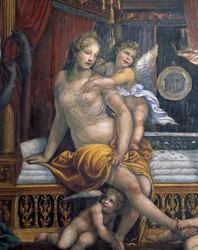 Sala delle Nozze di Alessandro e Rossana Aleksanteri Suuren avioliiton sali 356-323 eKr. ja Roxannen avioliiton sali yksityiskohta Roxanne istuu sängyllään, n.1513 fresko yksityiskohta 107228