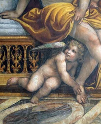 Sala delle Nozze di Alessandro e Rossana Aleksanteri Suuren avioliiton sali 356-323 eKr. ja Roxannen avioliiton yksityiskohta Roxannen jalkojen alla piileskelevästä puttosta, noin 1513 fresko yksityiskohta 107228:sta
