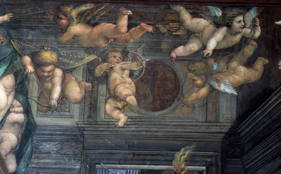 Sala delle Nozze di Alessandro e Rossana Sali Aleksanteri Suuren ja Roxannen avioliiton 356-323 eKr. yksityiskohta lentäviä putteja, n.1513 fresko yksityiskohta 107226:sta.