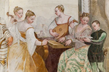 Nuori poika ja hovinaiset, yksityiskohta The Concertista, pääsali, n. 1570 (fresko)