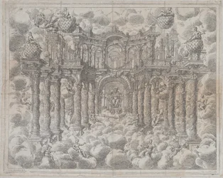 Levy 2 [vastavarma]: Lavastus, jossa on allegorisia hahmoja, jotka istuvat pilvien keskellä,..., 1690.