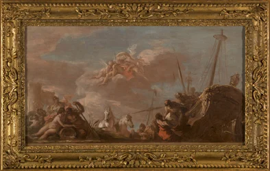 Luonnos Banque Royalen kattoon: Le Déchargement en bord de Seine de marchandises en provenance de la Louisiane, en 1720 (öljy kankaalle (kudos))