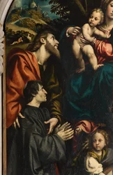 Pyhän Katariinan, Madonnan ja lapsen alttari pyhien Philipin ja Jaakobin ja lahjoittajan Giacomo Schizzin välillä, Il Pordenone 1522, yksityiskohta