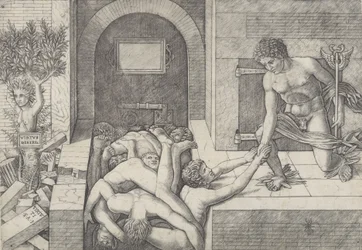 Tietämättömyys ja Merkurius vertauskuva hyveestä ja paheesta, Merkurius polvistuu oikealla..., n. 1490-1525.