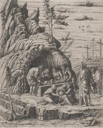 Kristuksen hauta, jonka kaksi miestä laskee kivihautaan ennen..., n. 1470-1500.